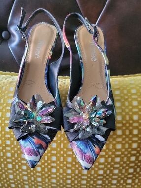 J.Renee Multicolor Pointed Slingback Mules with Crystal Flower